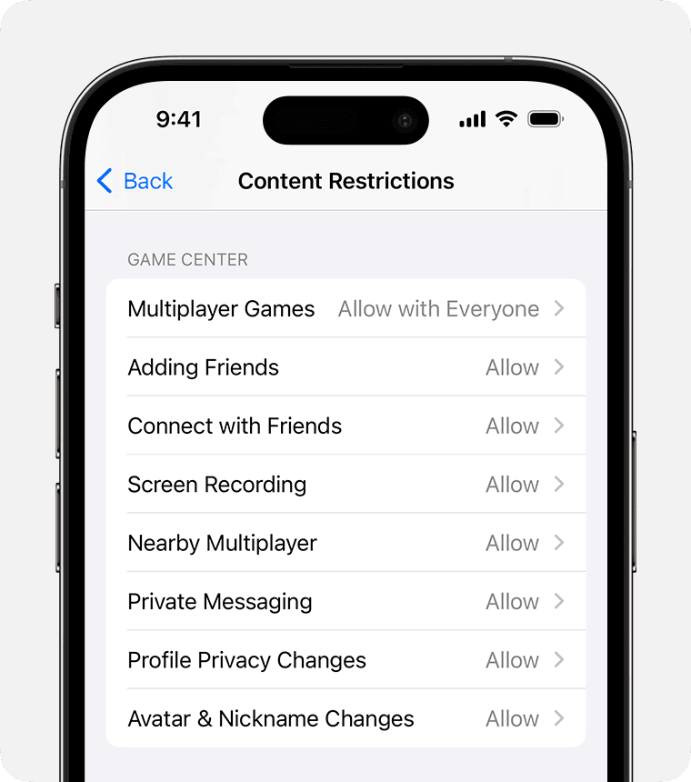 iPhone screen showing Content Restrictions options for parental controls 