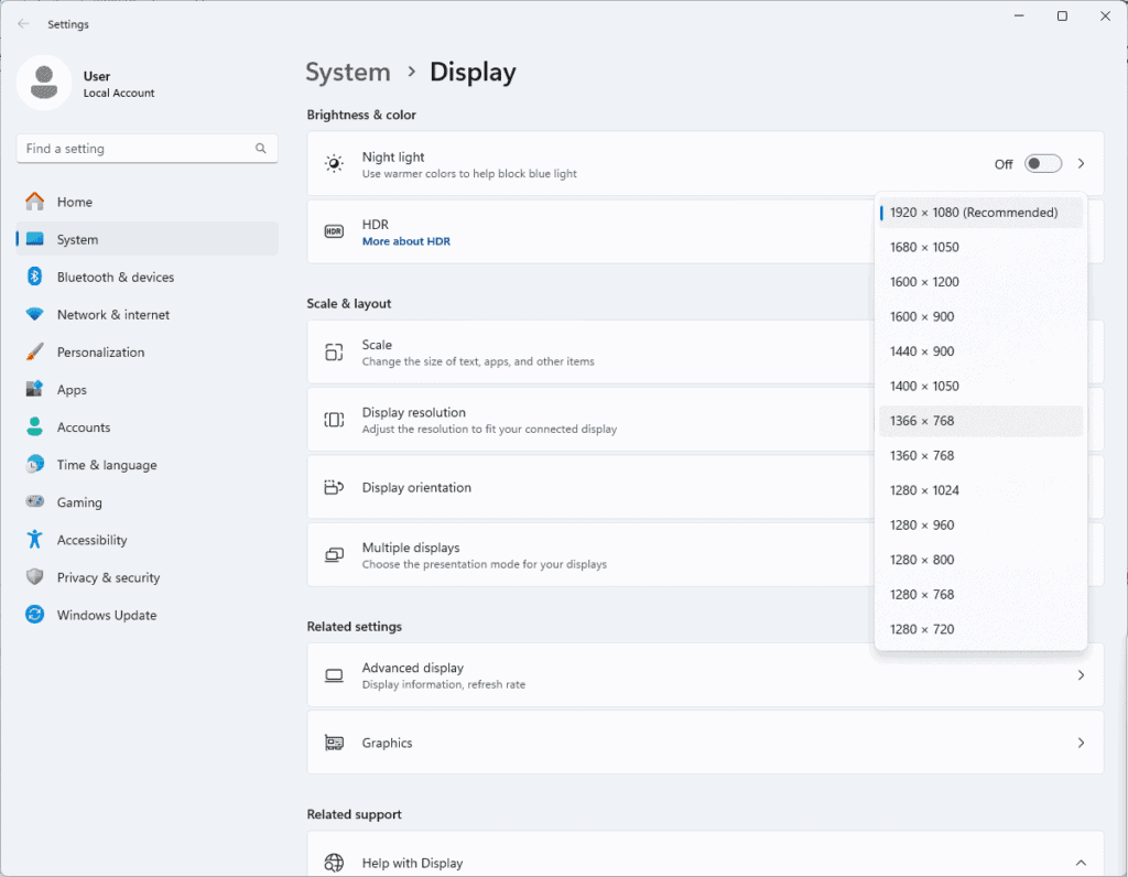 Windows Display Settings: Resolution